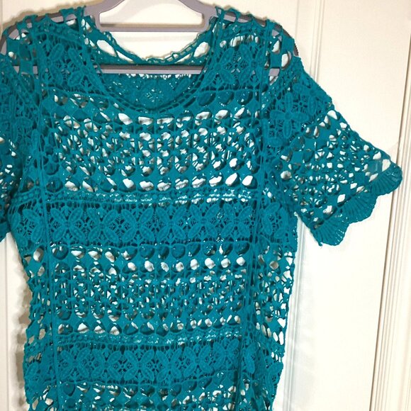 Women's Blue Crochet Sheer Top Short Sleeve Blouse Beach Cover-up Vacation - Picture 2 of 5